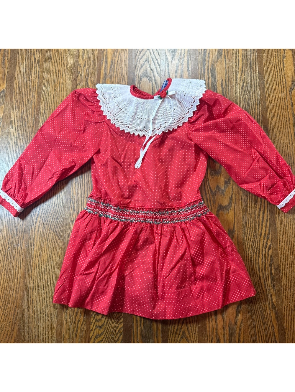 Vintage Polly Flinders Girls Red Polka Dot Hand Smocked Drop Waist Dress Sz 4